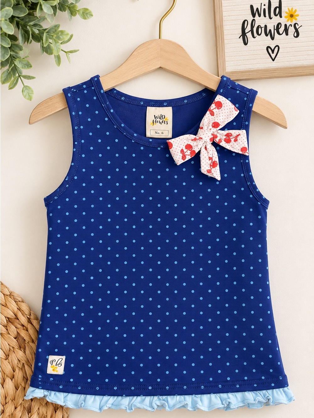 Wildflowers Girls Size 6 Blue Polka Dot Bow Tank Top Ruffle Hem
